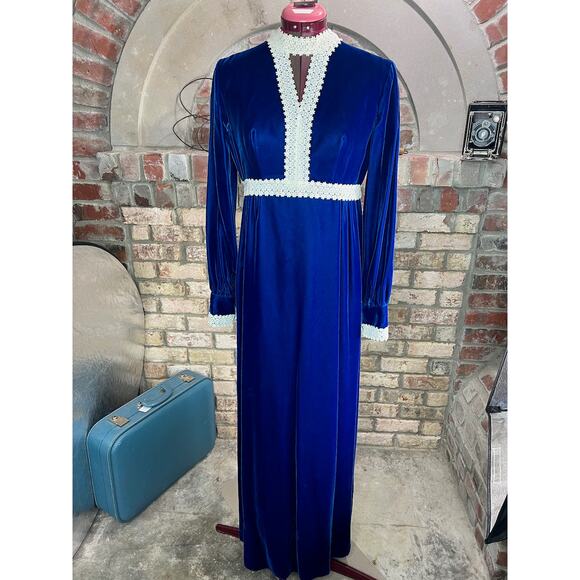 maxi dress velvet blue lace gothic formal - Picture 1 of 15